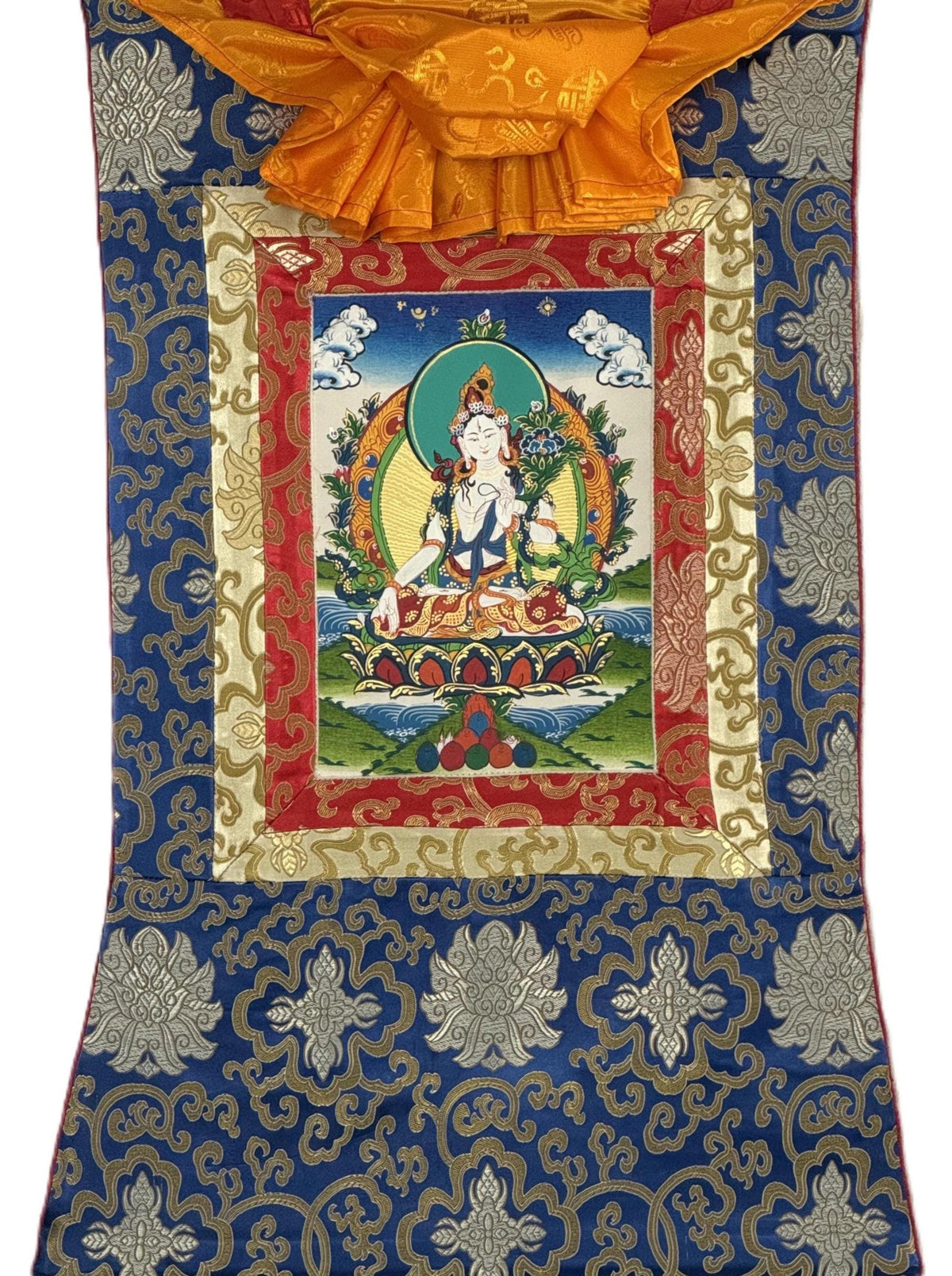 White Tara, Mother Buddha, Tibetan Thangka Painting, Original Art with Silk Frame ( Brocade)