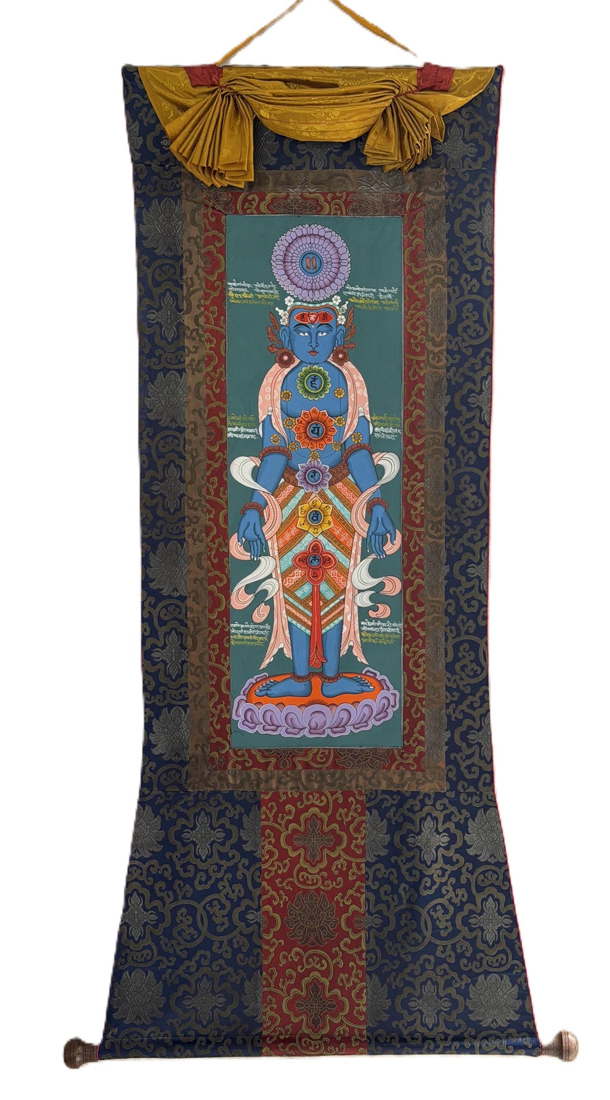 Seven Chakras Thangka Painting, Kundalini Art with Silk Brocade