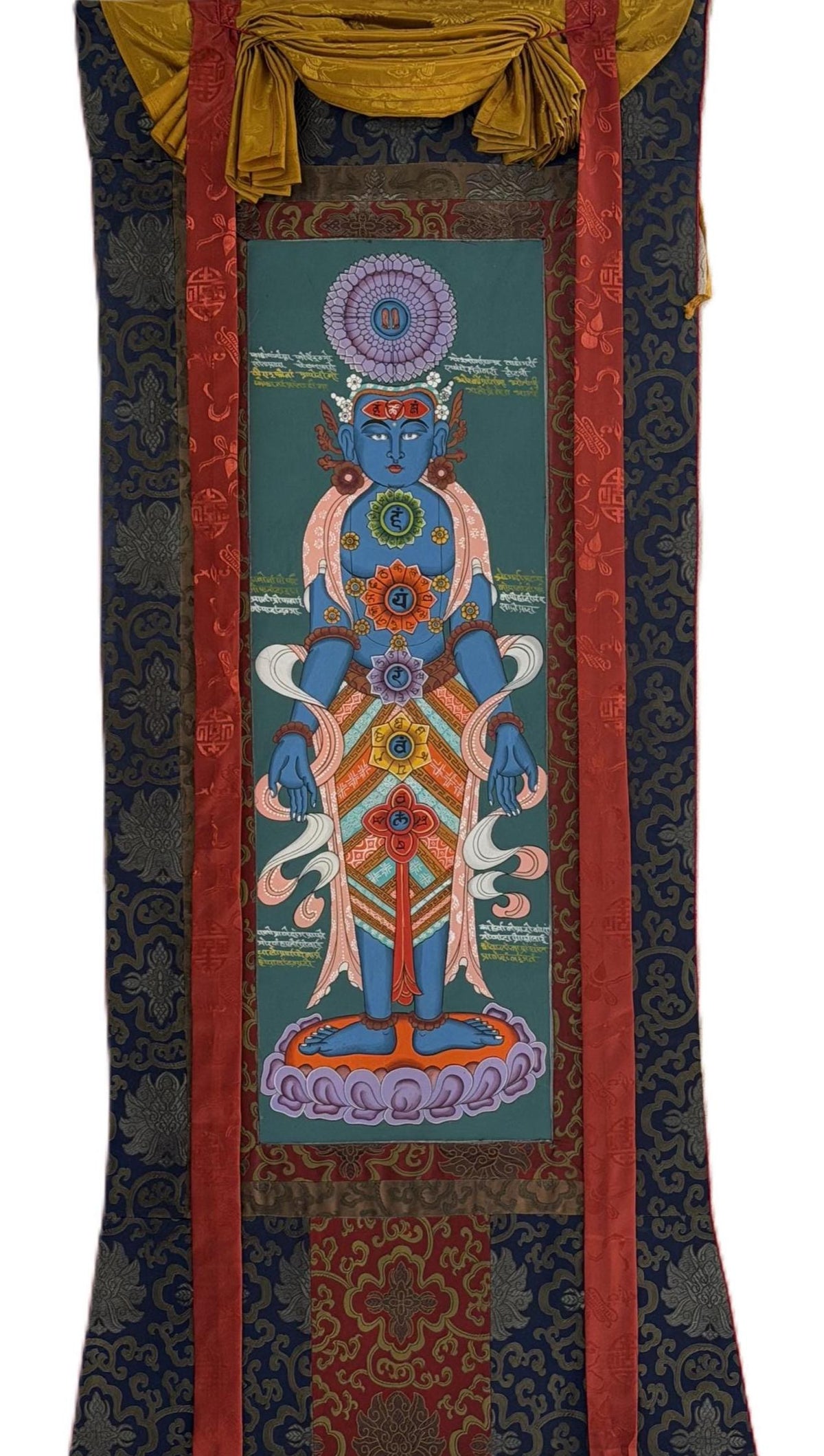 Seven Chakras Thangka Painting, Kundalini Art with Silk Brocade