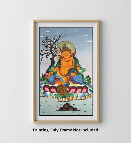 Yellow Dzambhala Thangka | Hand-Painted Kubera Jambhala Wealth Deity with Silk Brocade