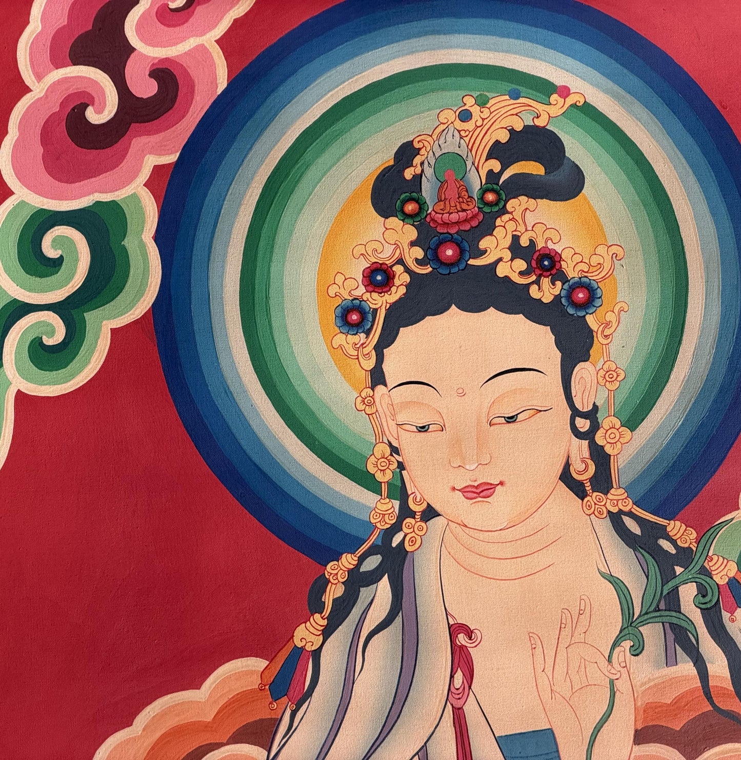 Hand-Painted Standing White Tara Thangka - Smoky Tibetan Art