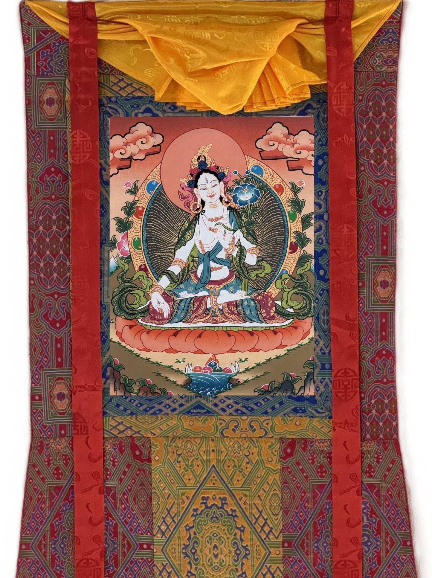 White Tara Thangka Painting, Hand-Painted Buddhist Art, Silk Brocade Frame