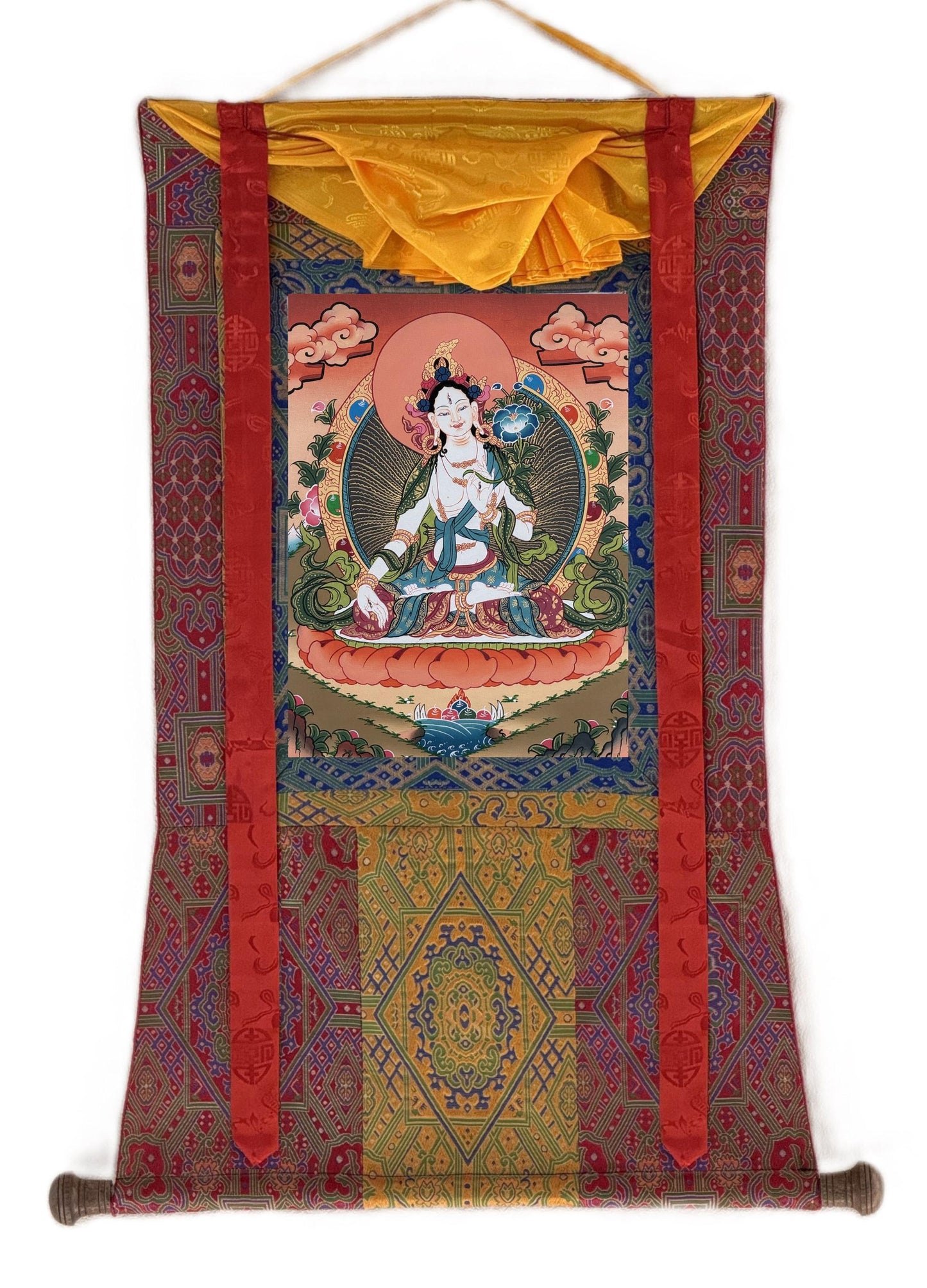 White Tara Thangka Painting, Hand-Painted Buddhist Art, Silk Brocade Frame