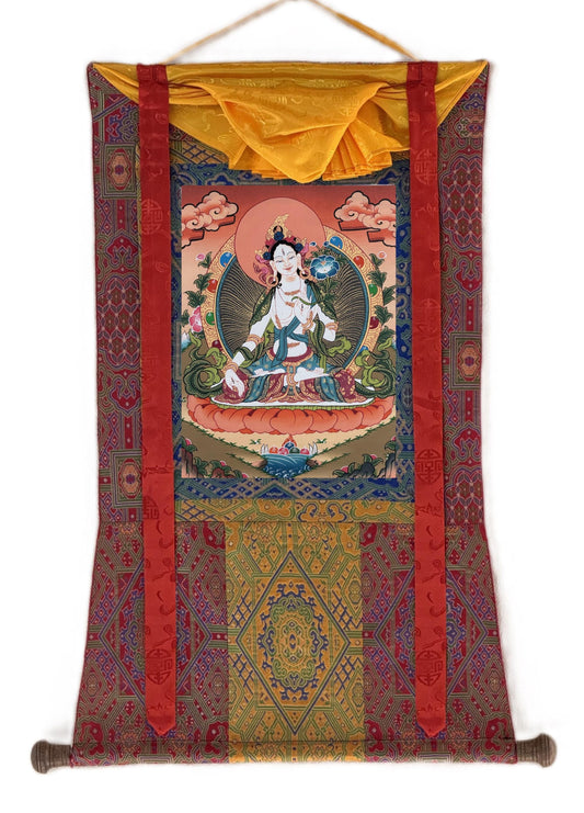 White Tara Thangka Painting, Hand-Painted Buddhist Art, Silk Brocade Frame