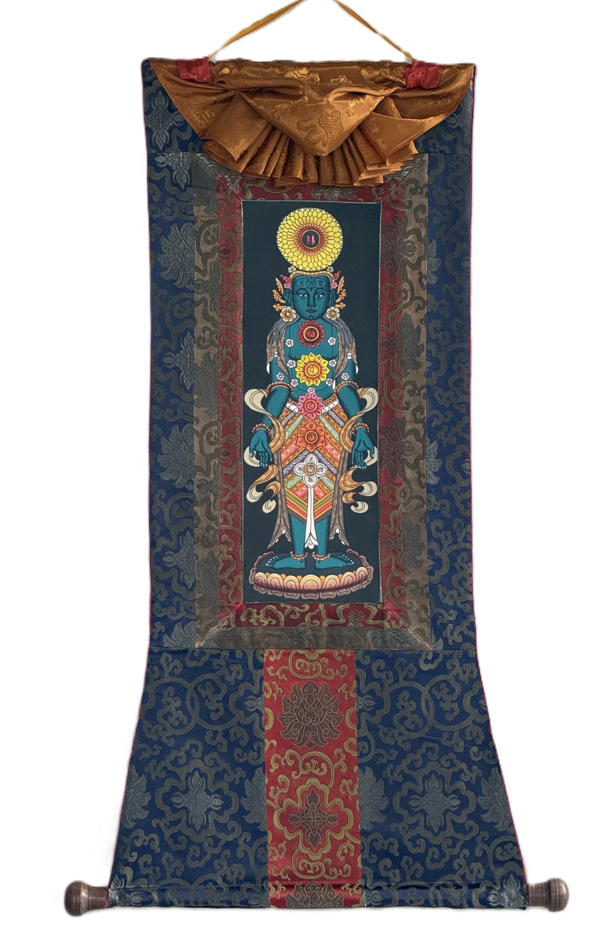Seven Chakra Kundalini Tibetan Thangka Painting with Silk Brocade