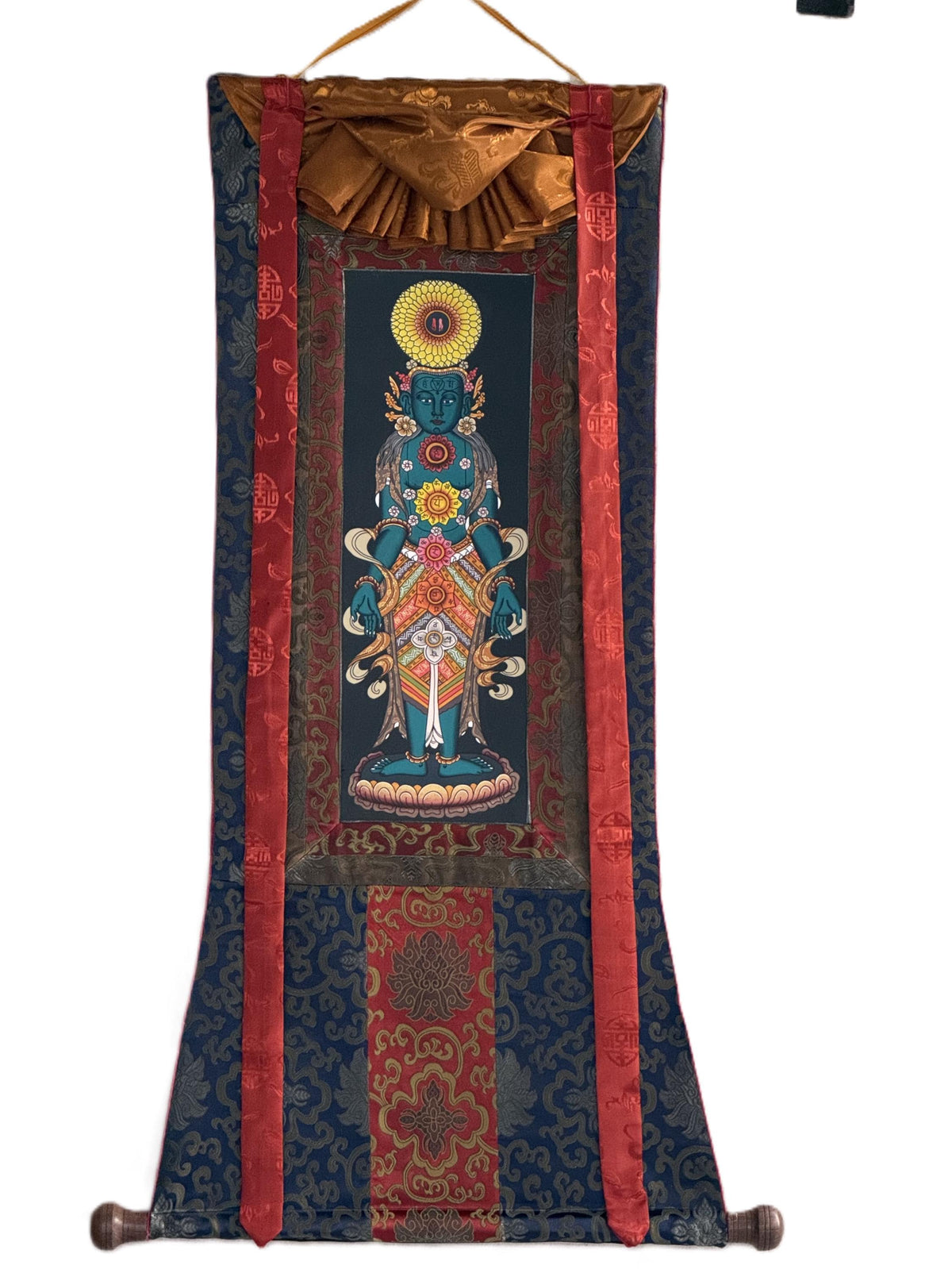 Seven Chakra Kundalini Tibetan Thangka Painting with Silk Brocade