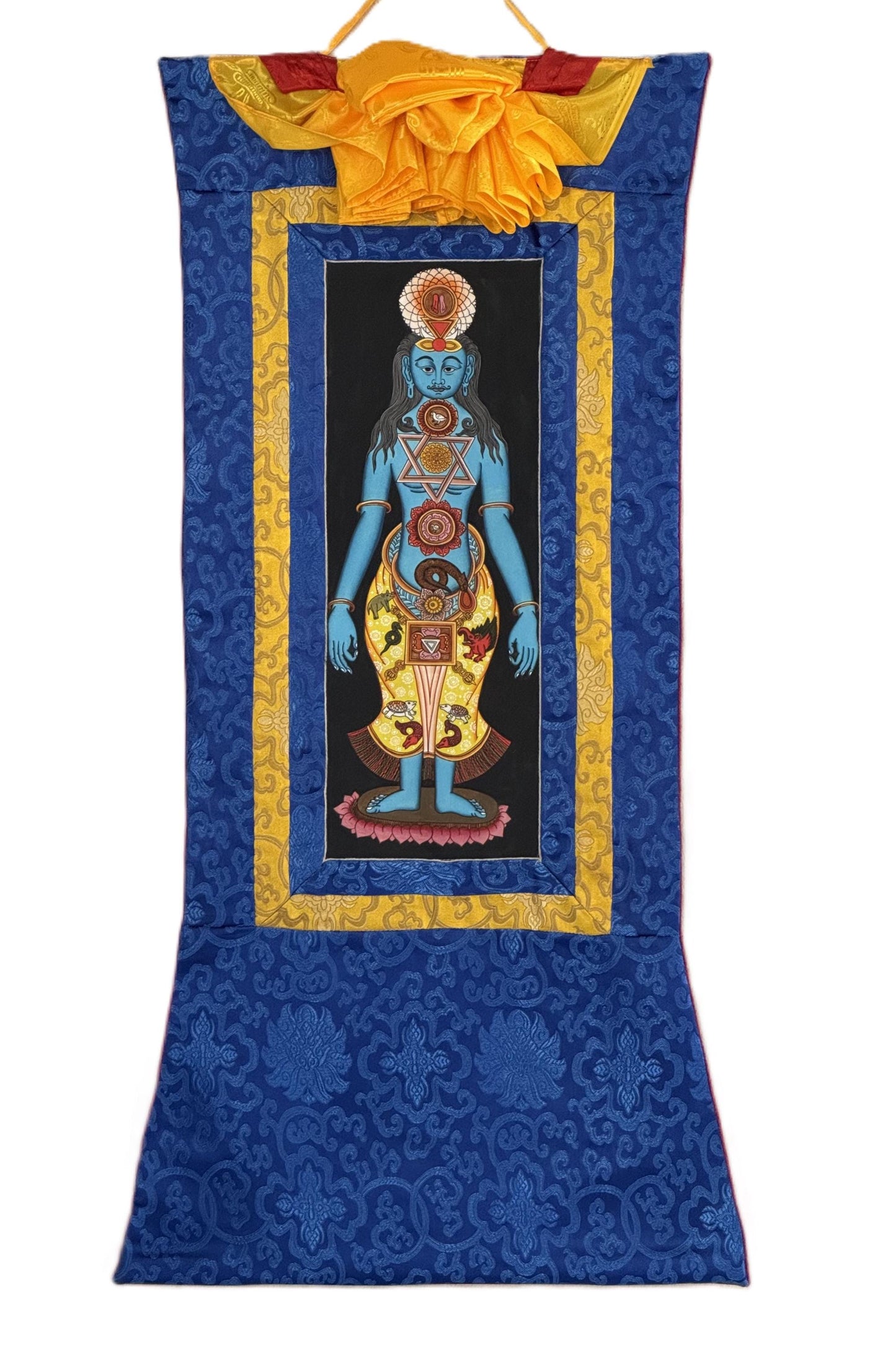 Hand-painted 7 Chakra Kundalini Healing Tibetan Thangka Art with Silk Brocade