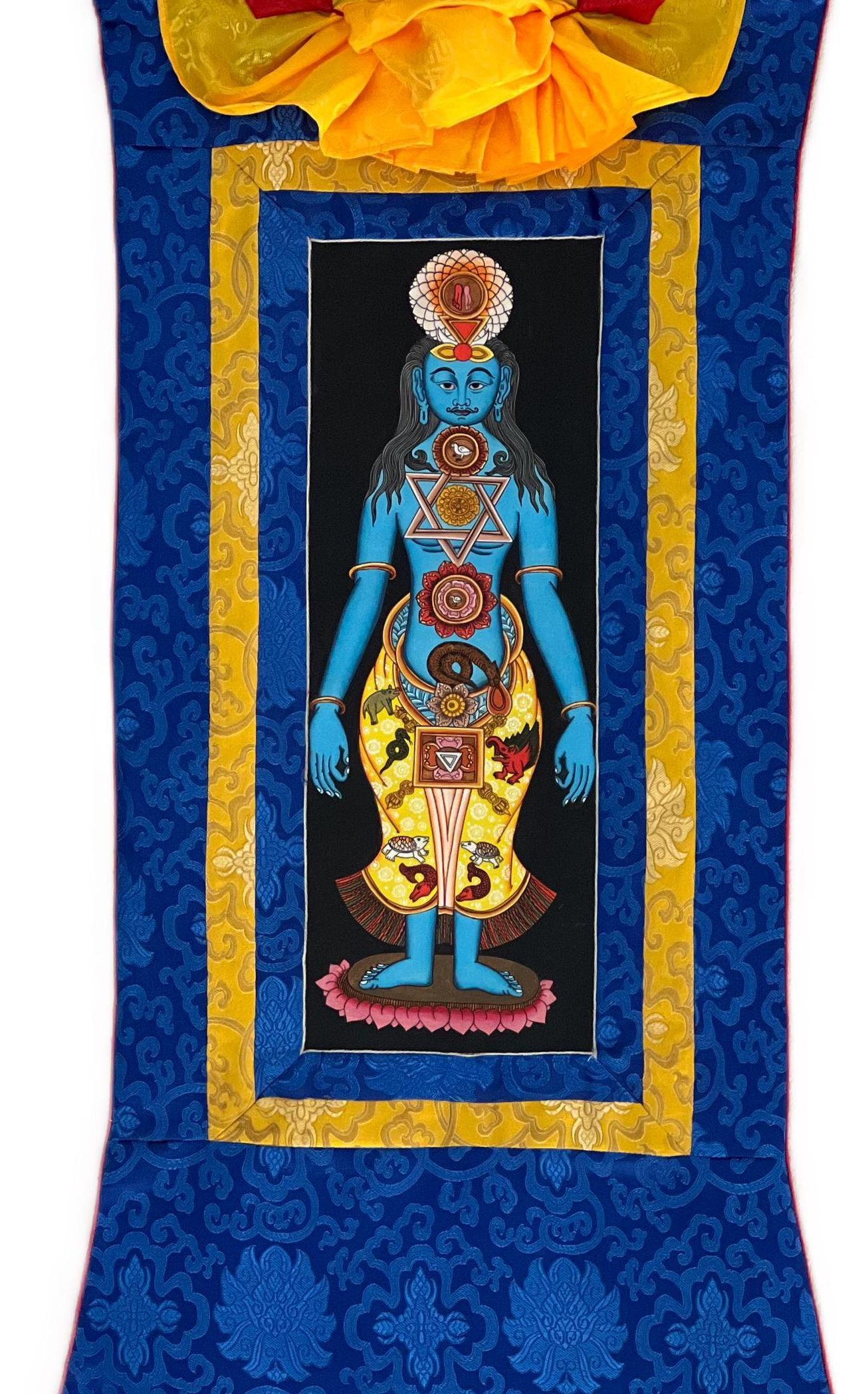 Hand-painted 7 Chakra Kundalini Healing Tibetan Thangka Art with Silk Brocade