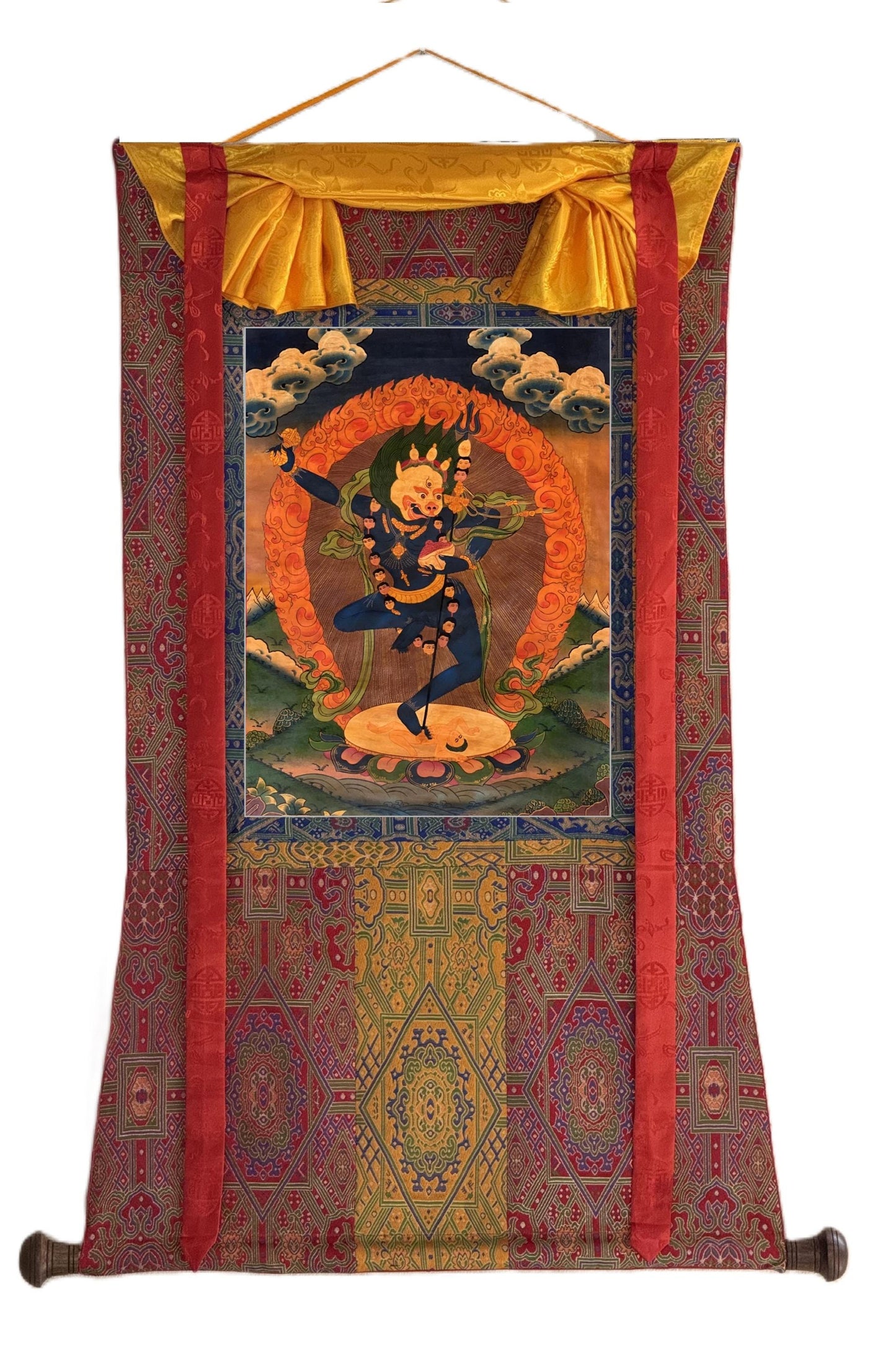 Simhamukhi Vajrayogini Thangka | Lion-Faced Dakini Hand-Painted Tibetan Tantric Art with Silk Brocade