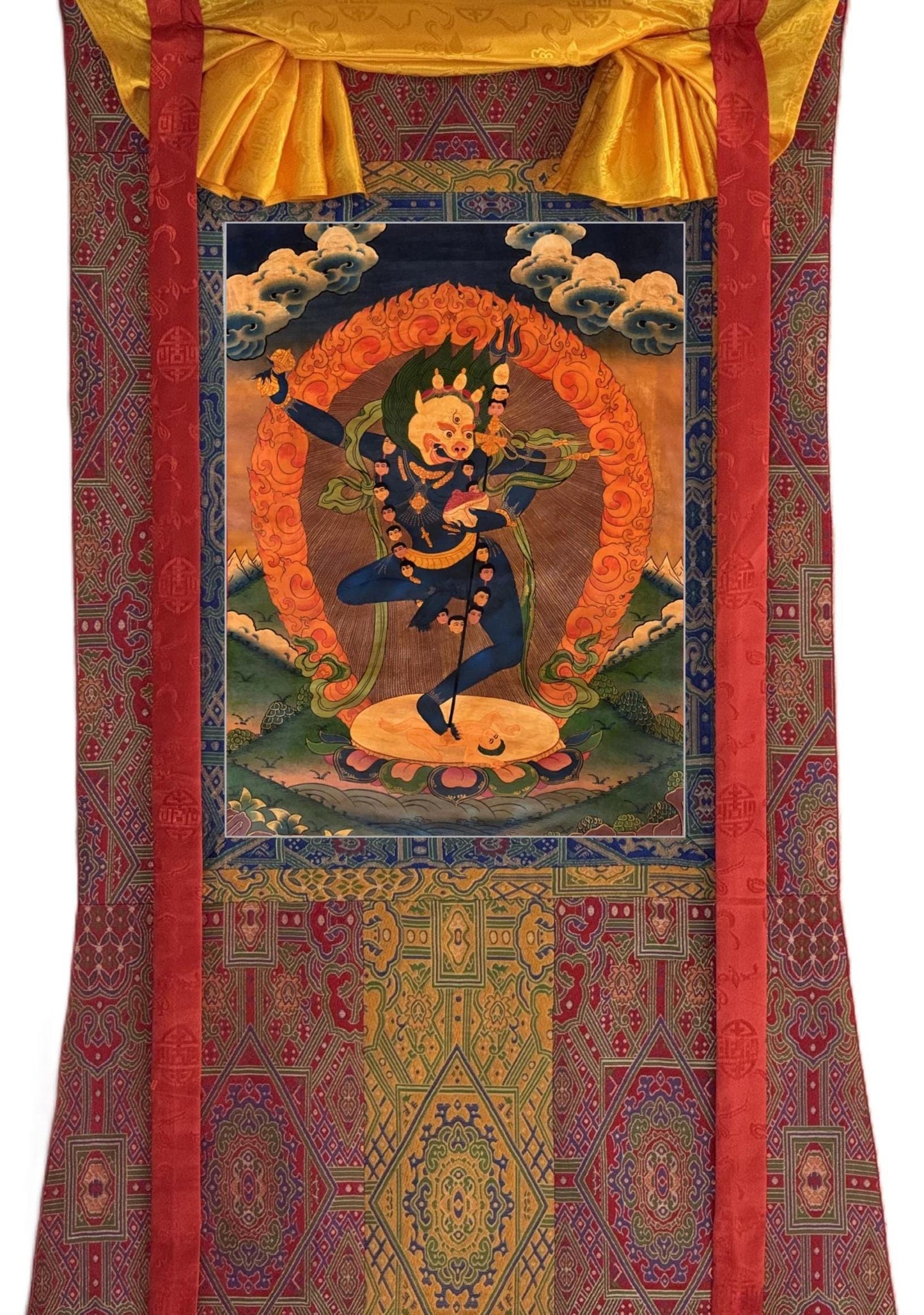 Simhamukhi Vajrayogini Thangka | Lion-Faced Dakini Hand-Painted Tibetan Tantric Art with Silk Brocade