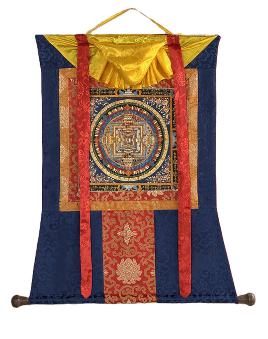 Hand-Painted Kalachakra Mandala Thangka | Wheel of Time Tibetan Tantric Art with Silk Brocade