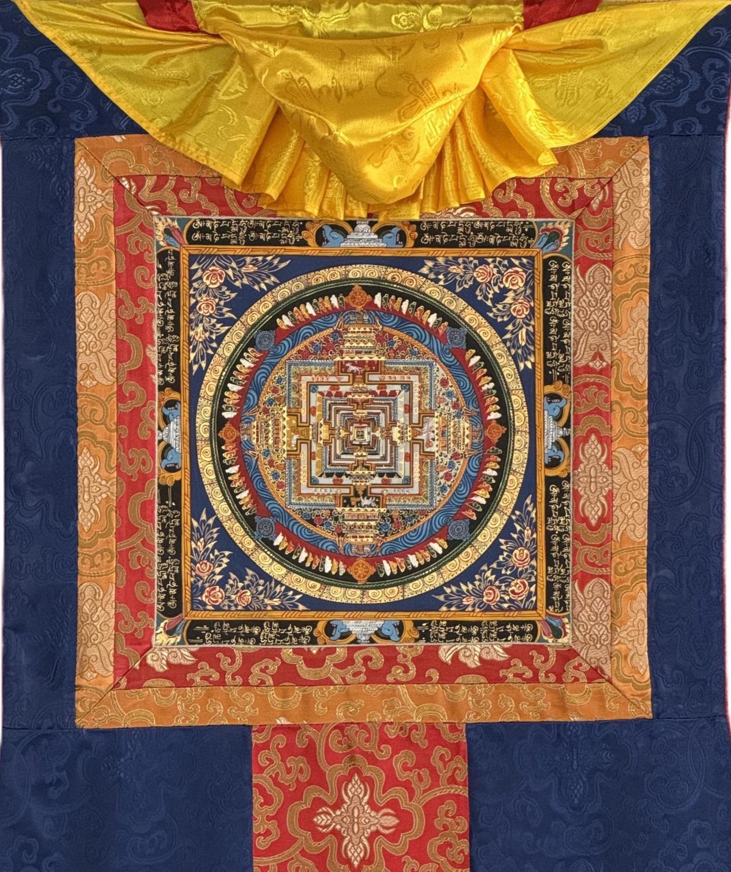 Hand-Painted Kalachakra Mandala Thangka | Wheel of Time Tibetan Tantric Art with Silk Brocade