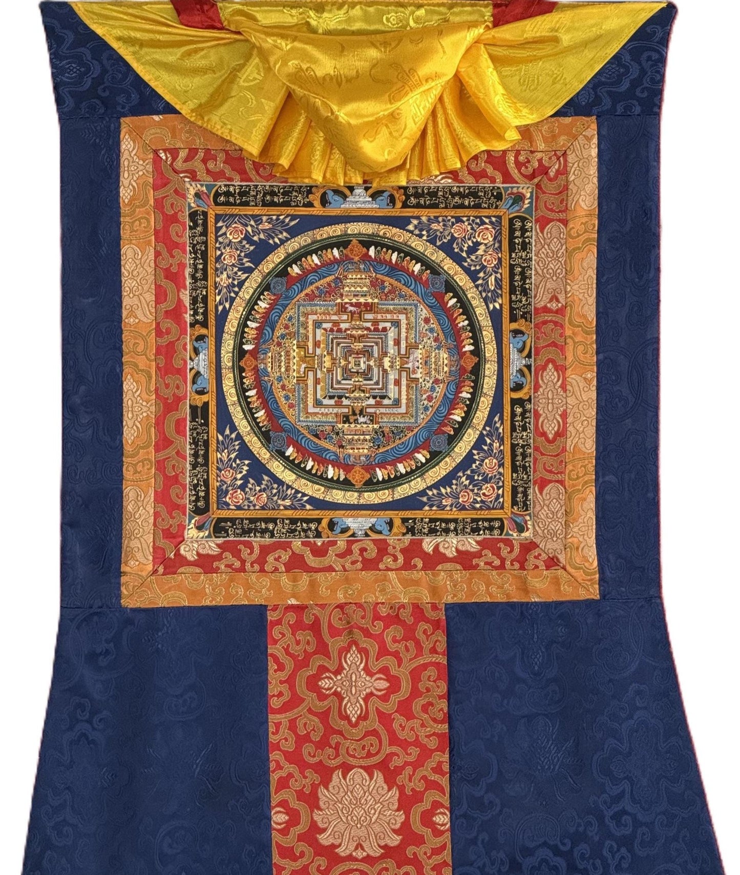 Hand-Painted Kalachakra Mandala Thangka | Wheel of Time Tibetan Tantric Art with Silk Brocade