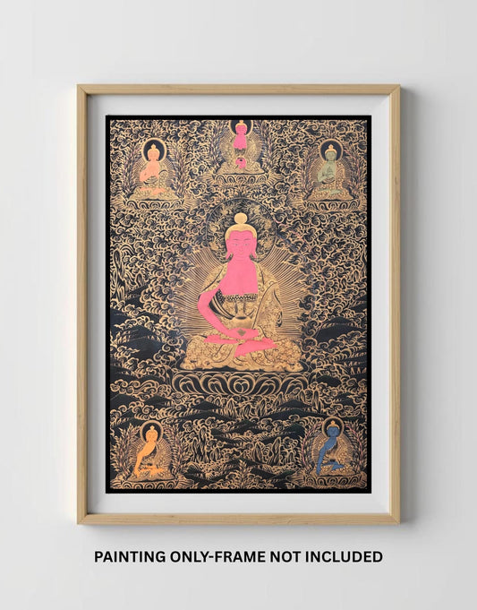Large Pancha Buddha Thangka Painting | Hand-Painted Oil Varnished Tibetan Art
