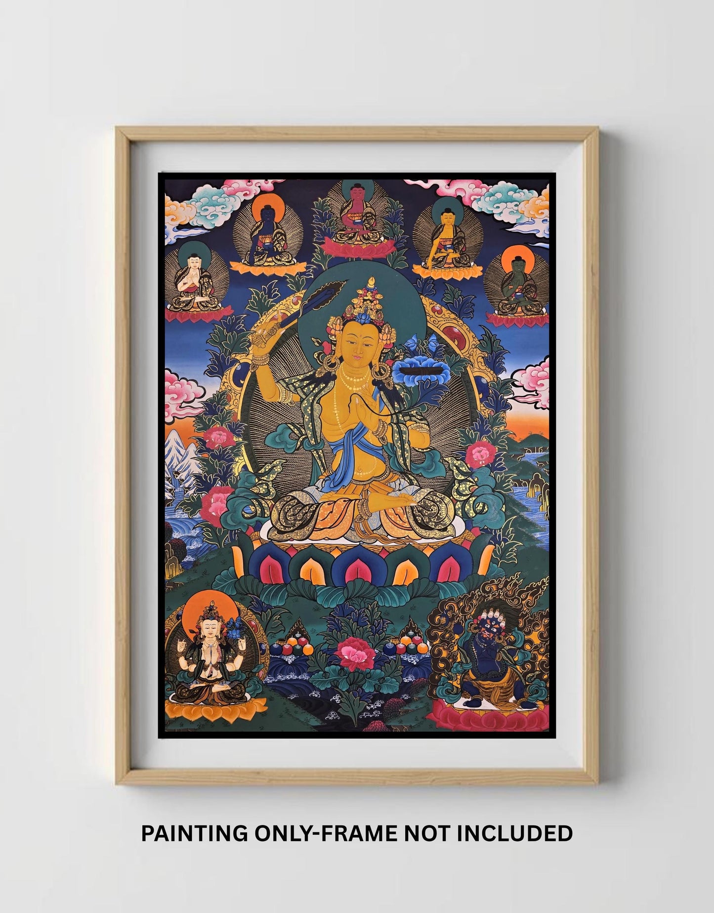 Original Hand-Painted Manjushri Thangka Painting Featuring the Five Dhyani Buddhas, Flanked by Chenrezig and Vajrapani