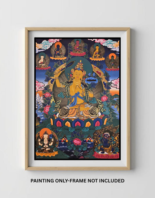 Original Hand-Painted Manjushri Thangka Painting Featuring the Five Dhyani Buddhas, Flanked by Chenrezig and Vajrapani