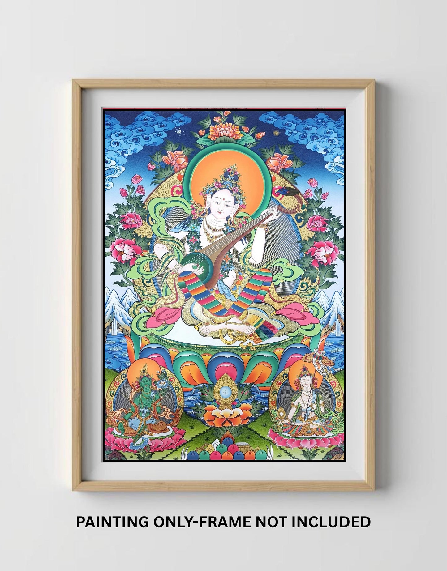 Hand-Painted Saraswati Thangka Painting, 24K Gold, Nepalese Art