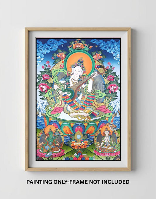 Hand-Painted Saraswati Thangka Painting, 24K Gold, Nepalese Art