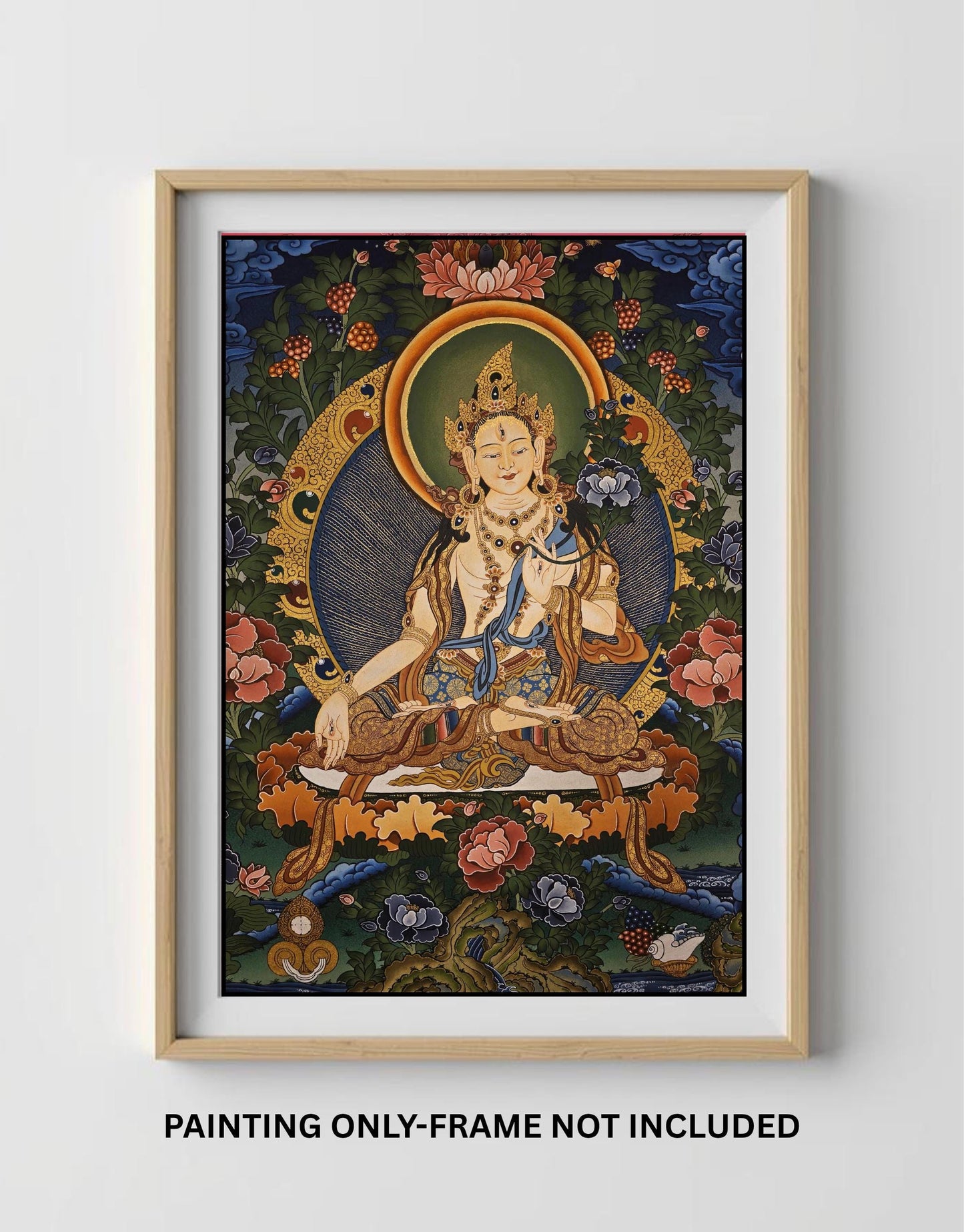 Hand-Painted White Tara Thangka – Tibetan Art with Gold Accents