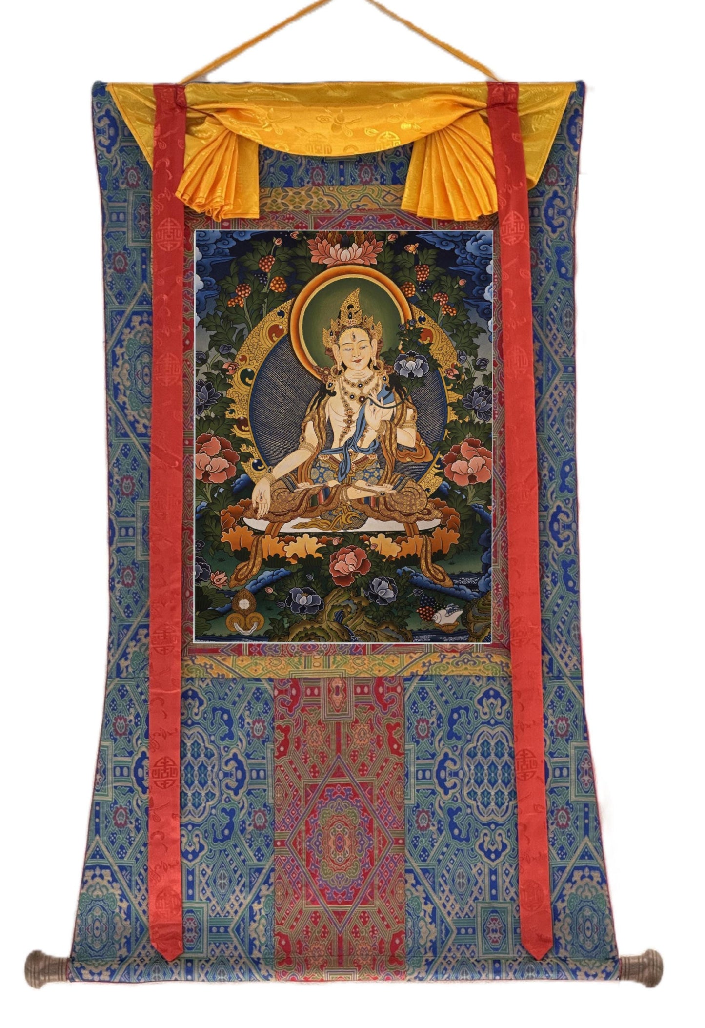 Hand-Painted White Tara Thangka – Tibetan Art with Gold Accents