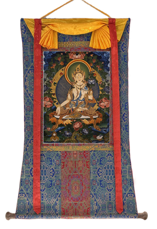 Hand-Painted White Tara Thangka – Tibetan Art with Gold Accents