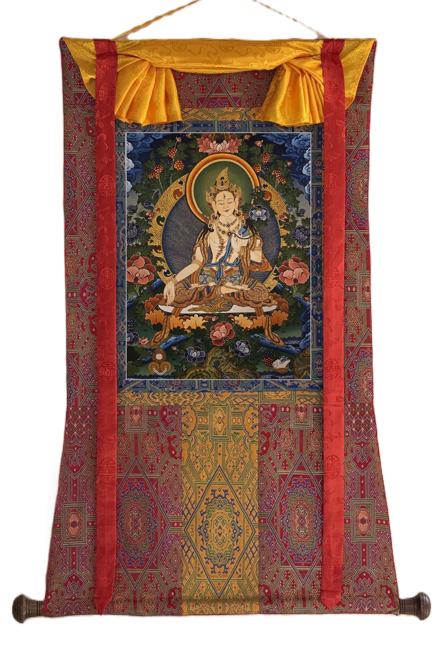 Hand-Painted White Tara Thangka – Tibetan Art with Gold Accents