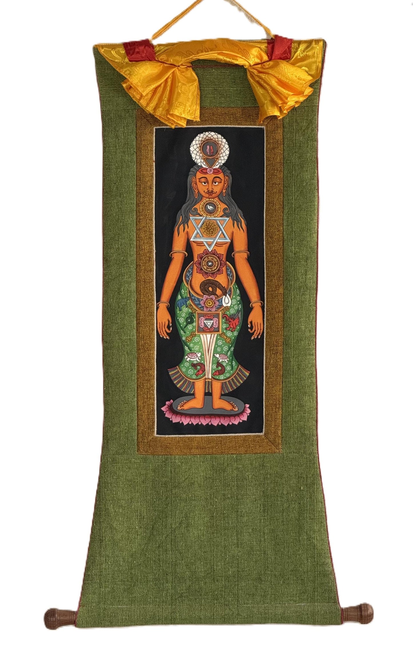 7 Chakra Kundalini Thangka, Hand-Painted Energy Healing Art with Cotton Brocade