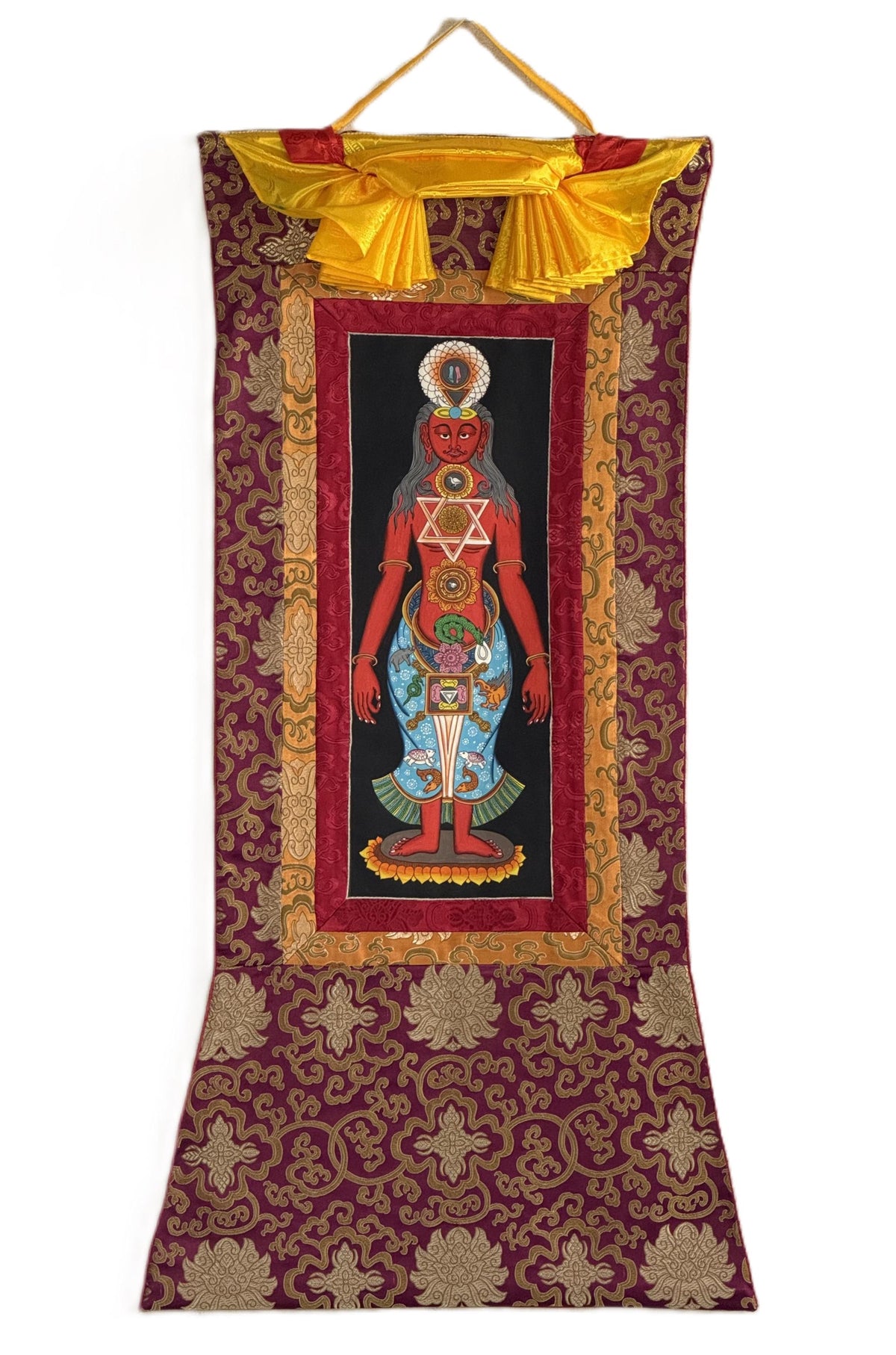 7 Chakra Energy Healing Tibetan Thangka Painting - Kundalini Art Silk Brocade Frame