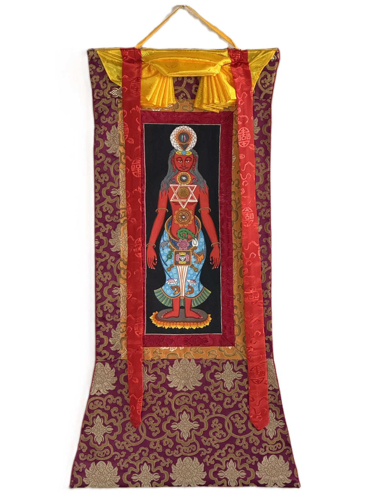 7 Chakra Energy Healing Tibetan Thangka Painting - Kundalini Art Silk Brocade Frame