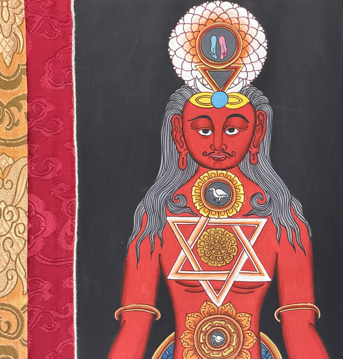 7 Chakra Energy Healing Tibetan Thangka Painting - Kundalini Art Silk Brocade Frame