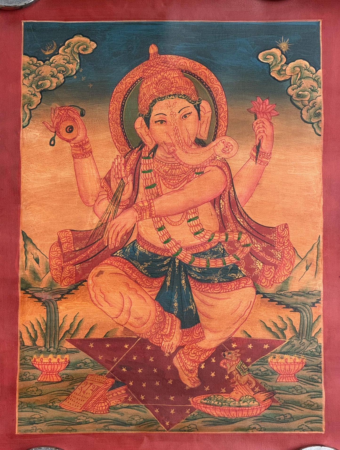 Hand-Painted Ganesha Newari Painting | Ganapati Masterpiece with Silk Brocade | Oil Varnished  Thangka Art