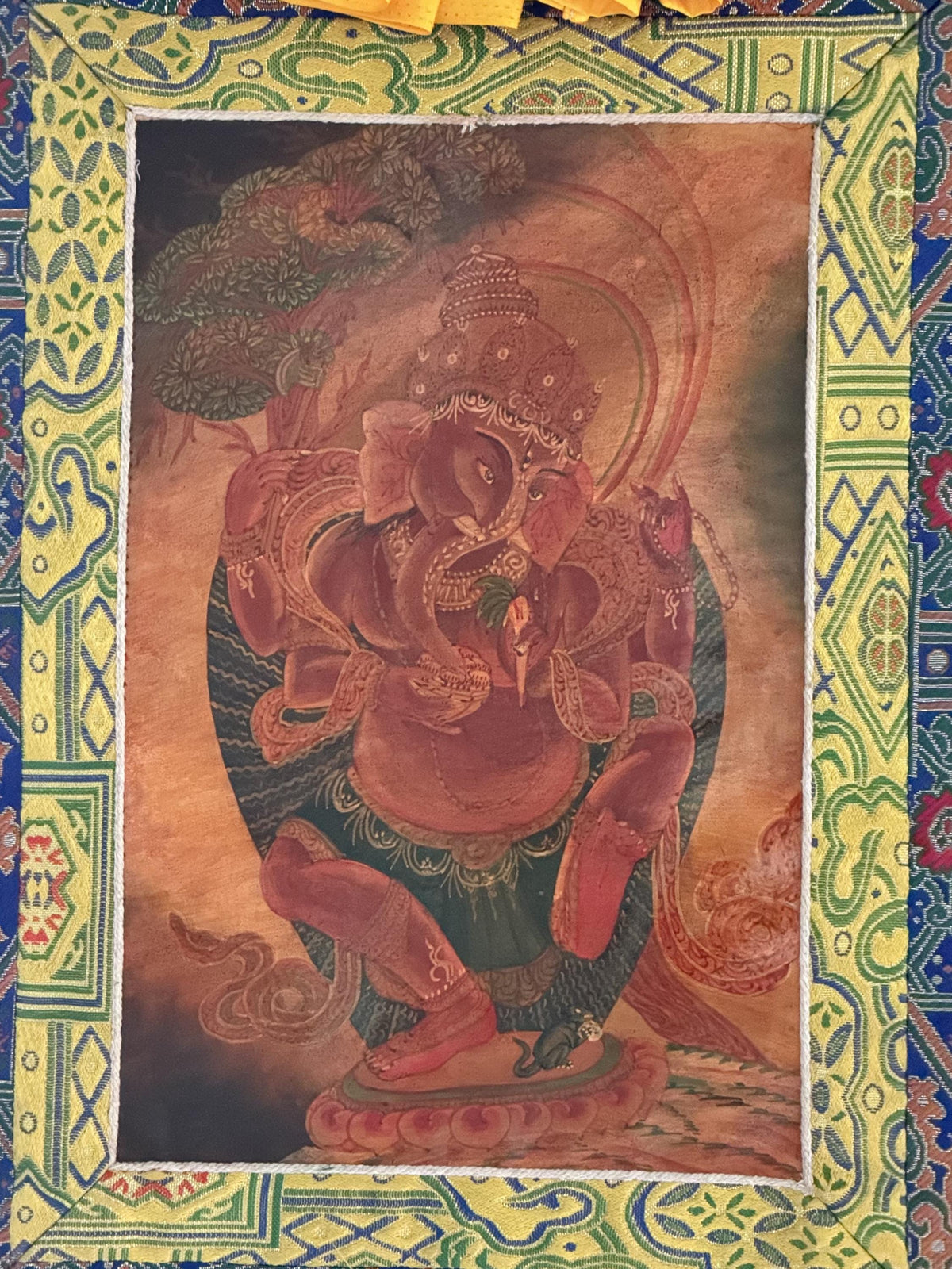 Lord Ganesha Thangka Painting | Silk Brocade Hindu Art Wall Hanging