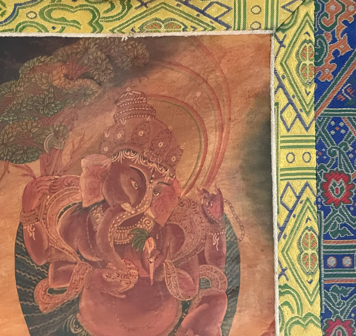 Lord Ganesha Thangka Painting | Silk Brocade Hindu Art Wall Hanging