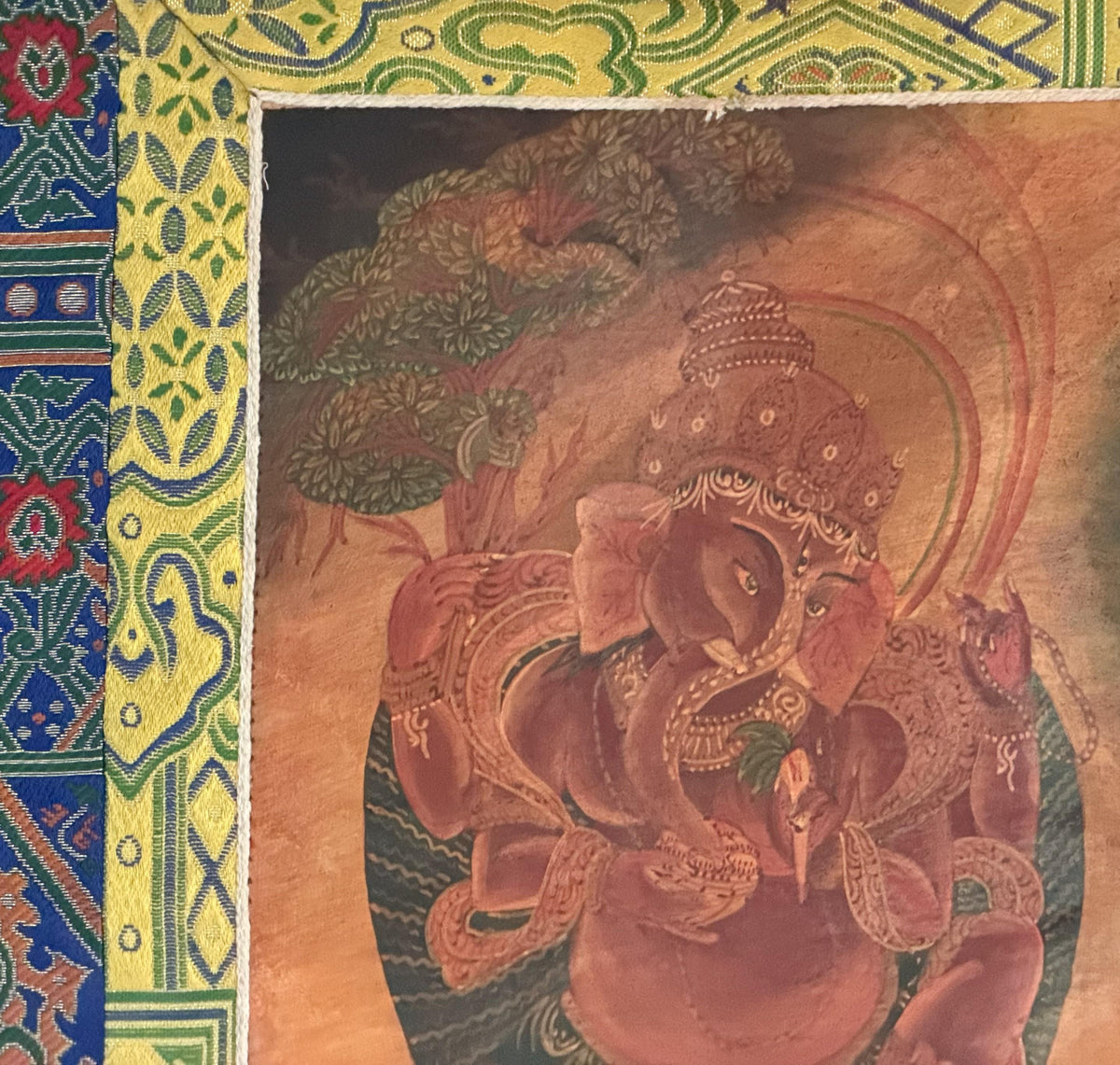 Lord Ganesha Thangka Painting | Silk Brocade Hindu Art Wall Hanging