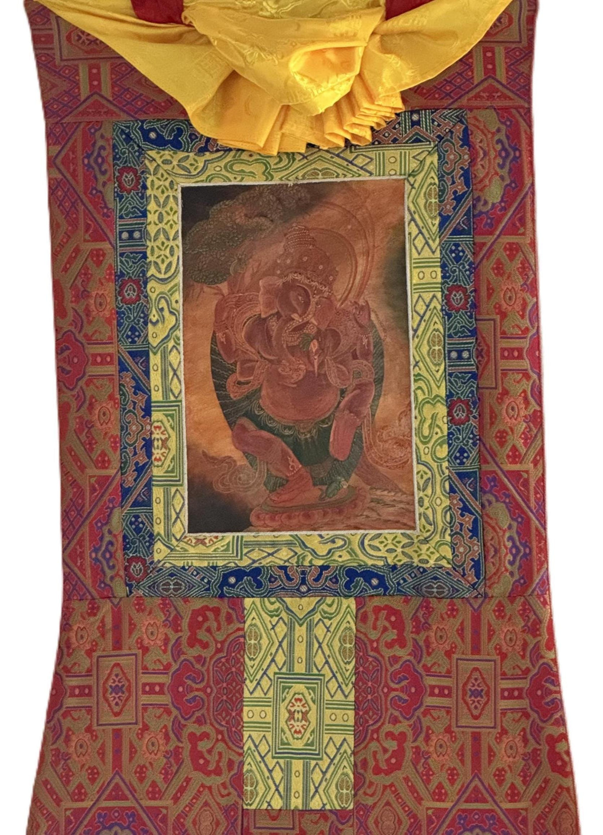 Lord Ganesha Thangka Painting | Silk Brocade Hindu Art Wall Hanging