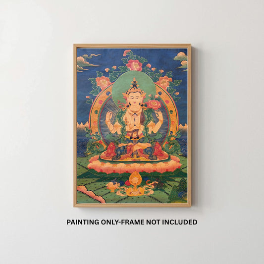 Hand-Painted Tibetan Thangka – Four-Armed Chenrezig (Avalokiteshvara) | Silk Brocade, Oil Varnished