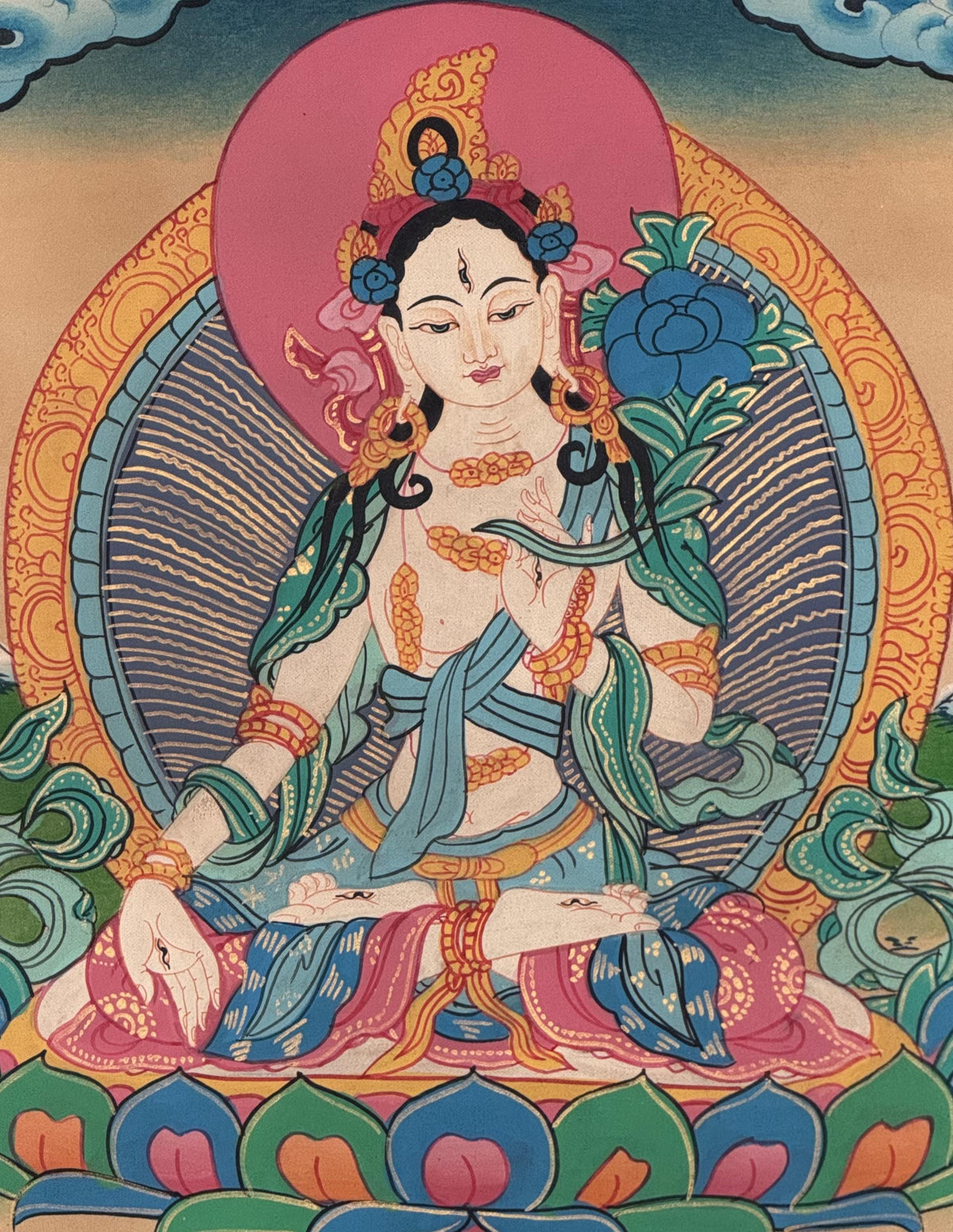 White Tara Tibetan Thangka Painting | Semi-Old Smoky Hand-Painted Art | Silk Brocade Wall Hanging