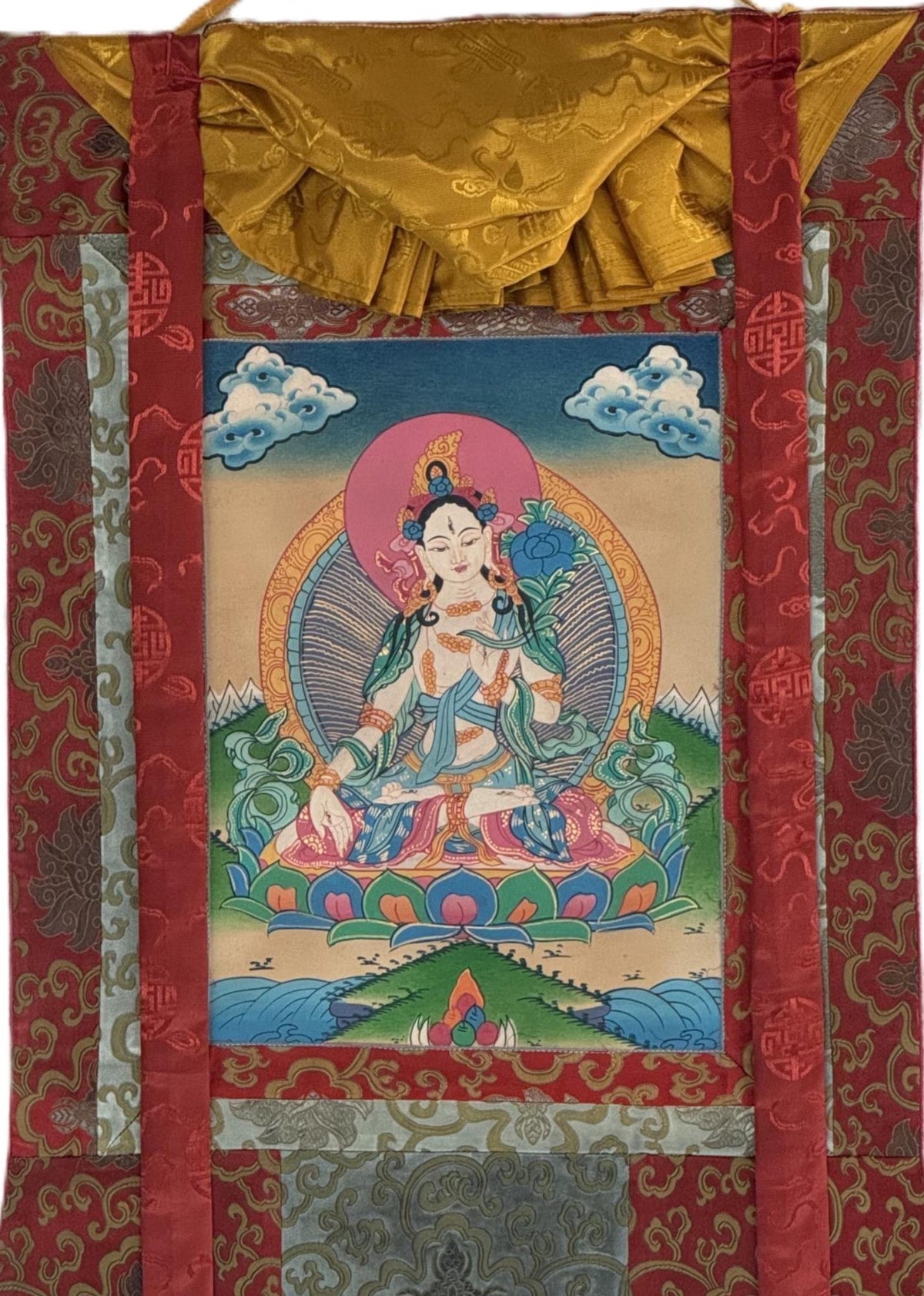 White Tara Tibetan Thangka Painting | Semi-Old Smoky Hand-Painted Art | Silk Brocade Wall Hanging