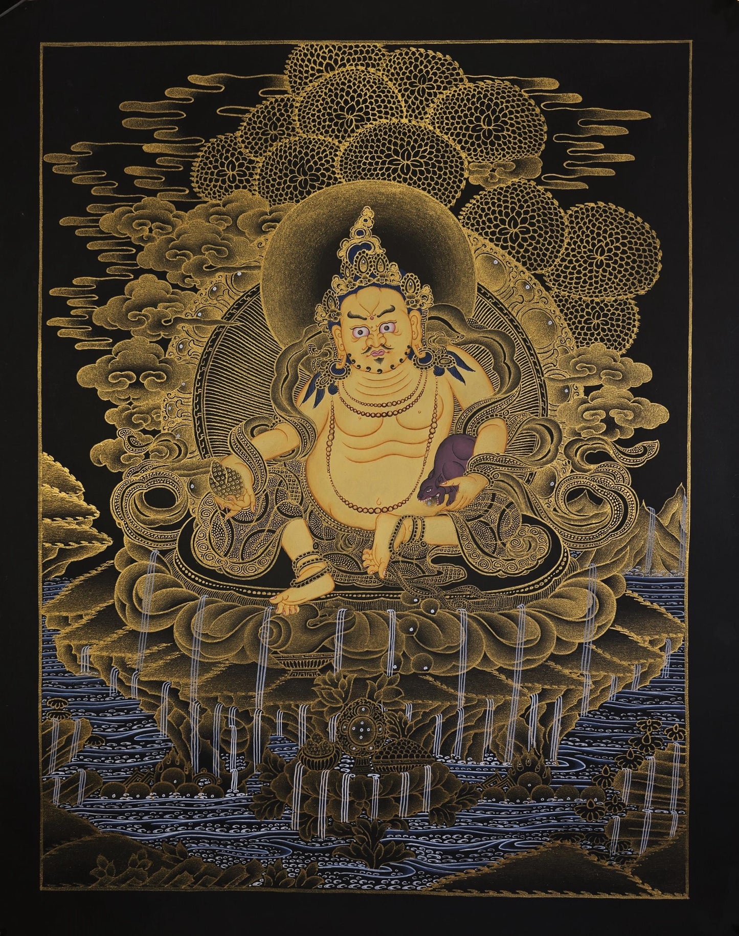 Hand Painted Yellow Jambhala Thangka, Tibetan Wealth Deity Buddhist Art, 24k Gold