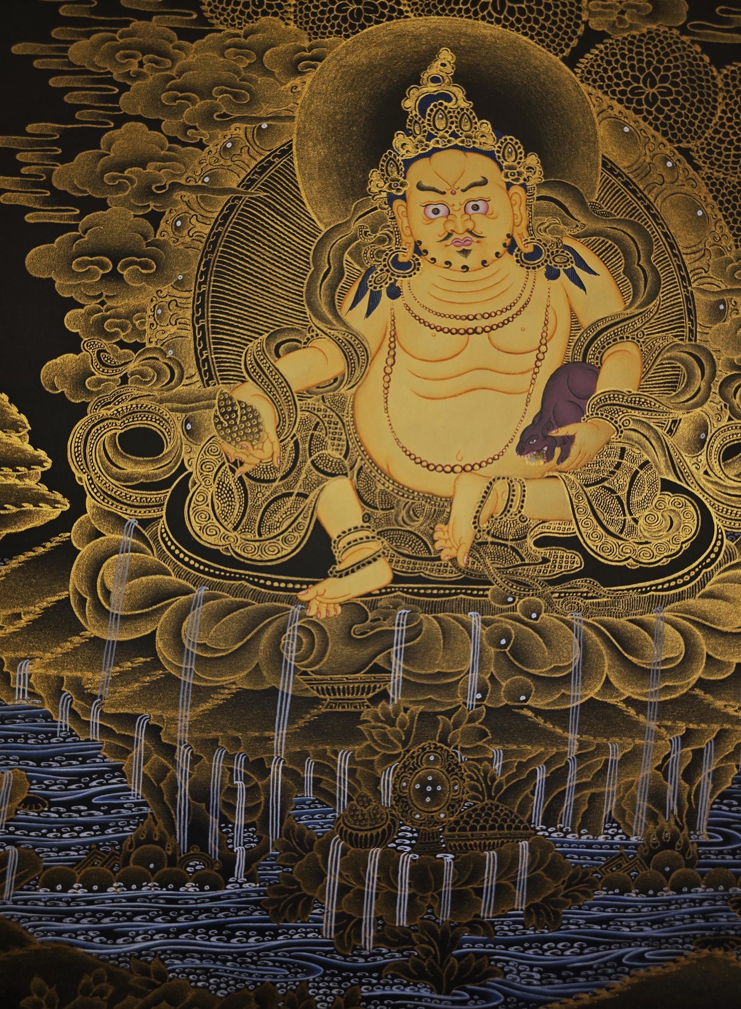 Hand Painted Yellow Jambhala Thangka, Tibetan Wealth Deity Buddhist Art, 24k Gold