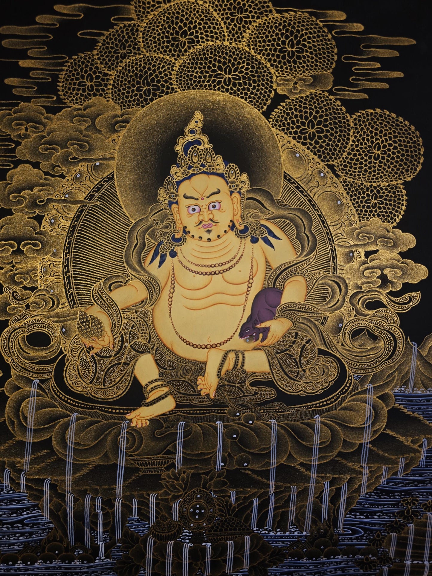 Hand Painted Yellow Jambhala Thangka, Tibetan Wealth Deity Buddhist Art, 24k Gold