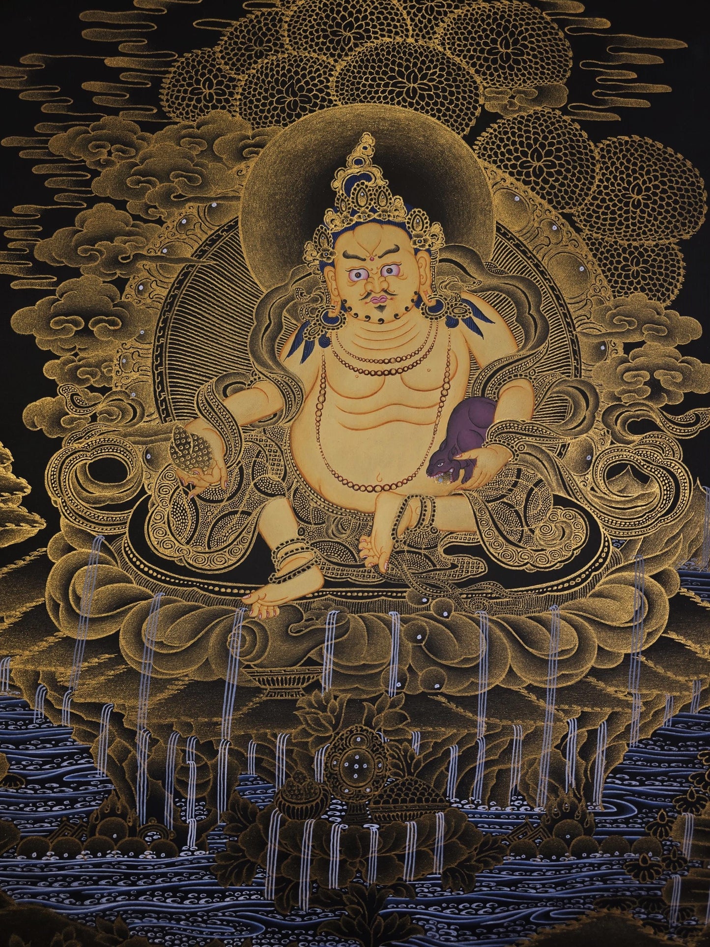 Hand Painted Yellow Jambhala Thangka, Tibetan Wealth Deity Buddhist Art, 24k Gold