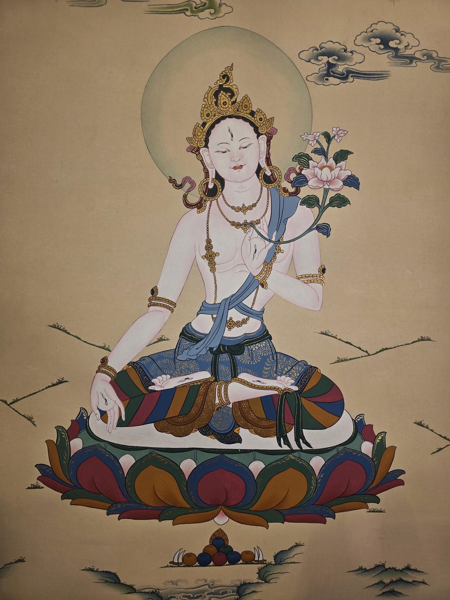 White Tara Thangka Painting | Hand Painted Tibetan Buddhist Art, Karma Gadri Style