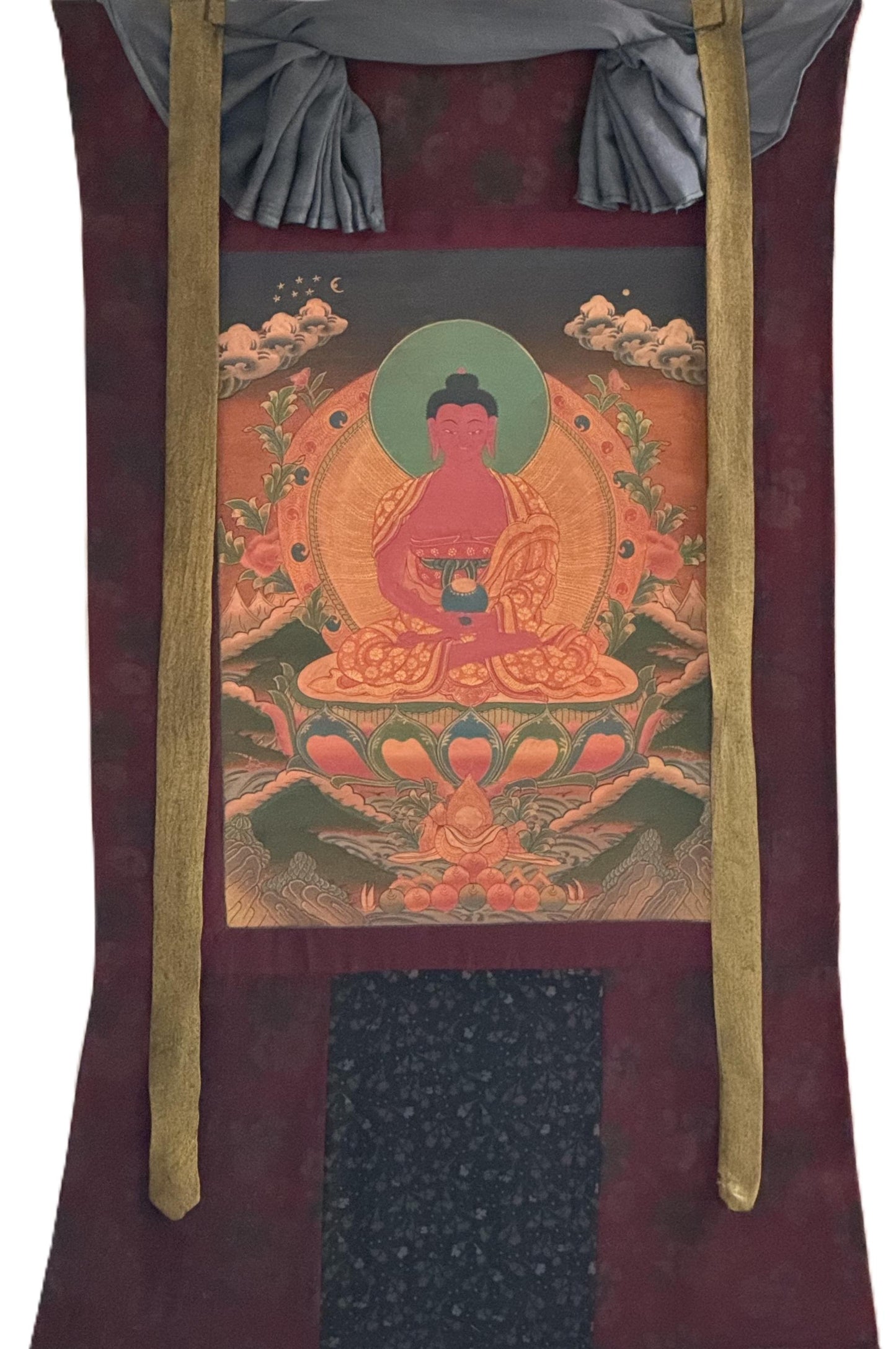 Amitabha Buddha Oil-Varnished Thangka | Hand-Painted Tibetan Pure Land Art with Cotton Brocade