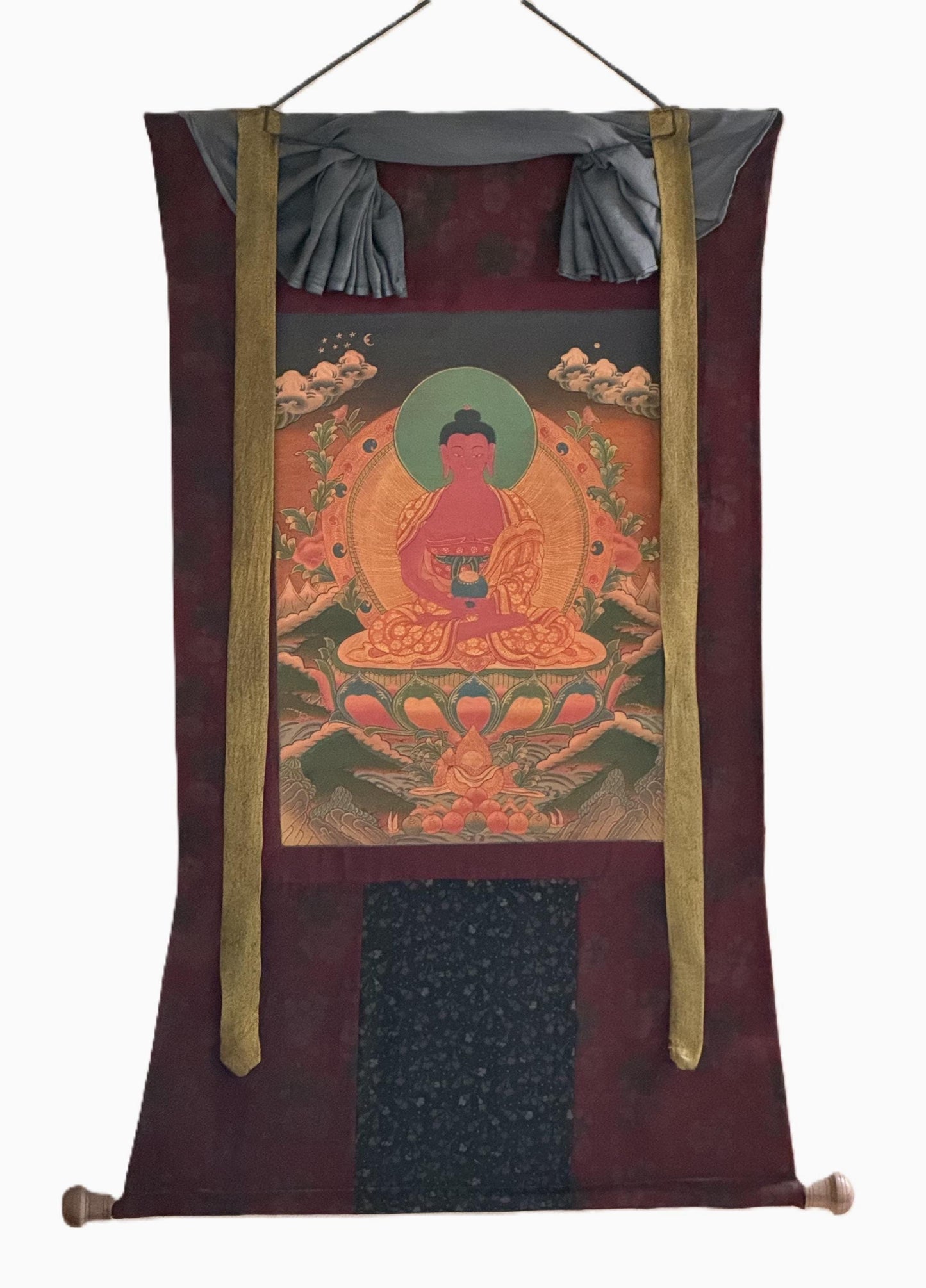 Amitabha Buddha Oil-Varnished Thangka | Hand-Painted Tibetan Pure Land Art with Cotton Brocade