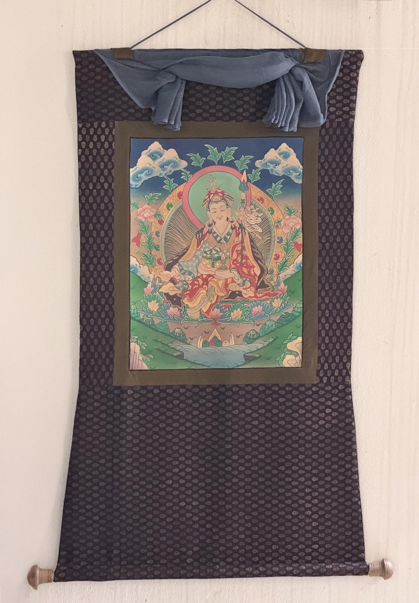 Guru Rinpoche Thangka | Padmasambhava Tibetan Art with Cotton Brocade