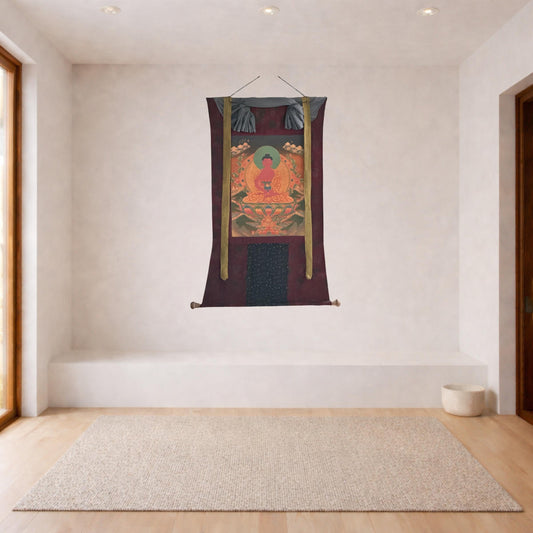 Amitabha Buddha Oil-Varnished Thangka | Hand-Painted Tibetan Pure Land Art with Cotton Brocade