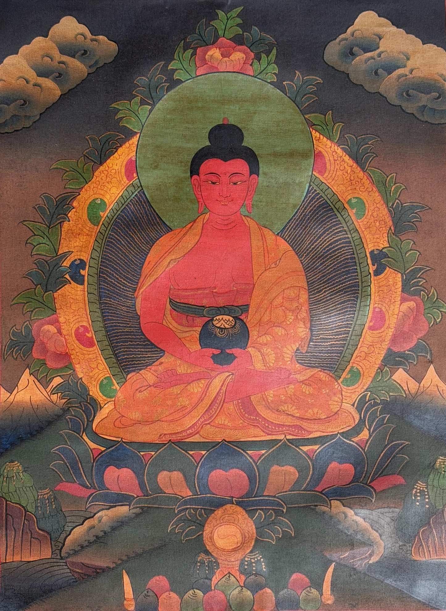 Amitabha Buddha Oil-Varnished Thangka | Hand-Painted Tibetan Pure Land Art with Silk Brocade