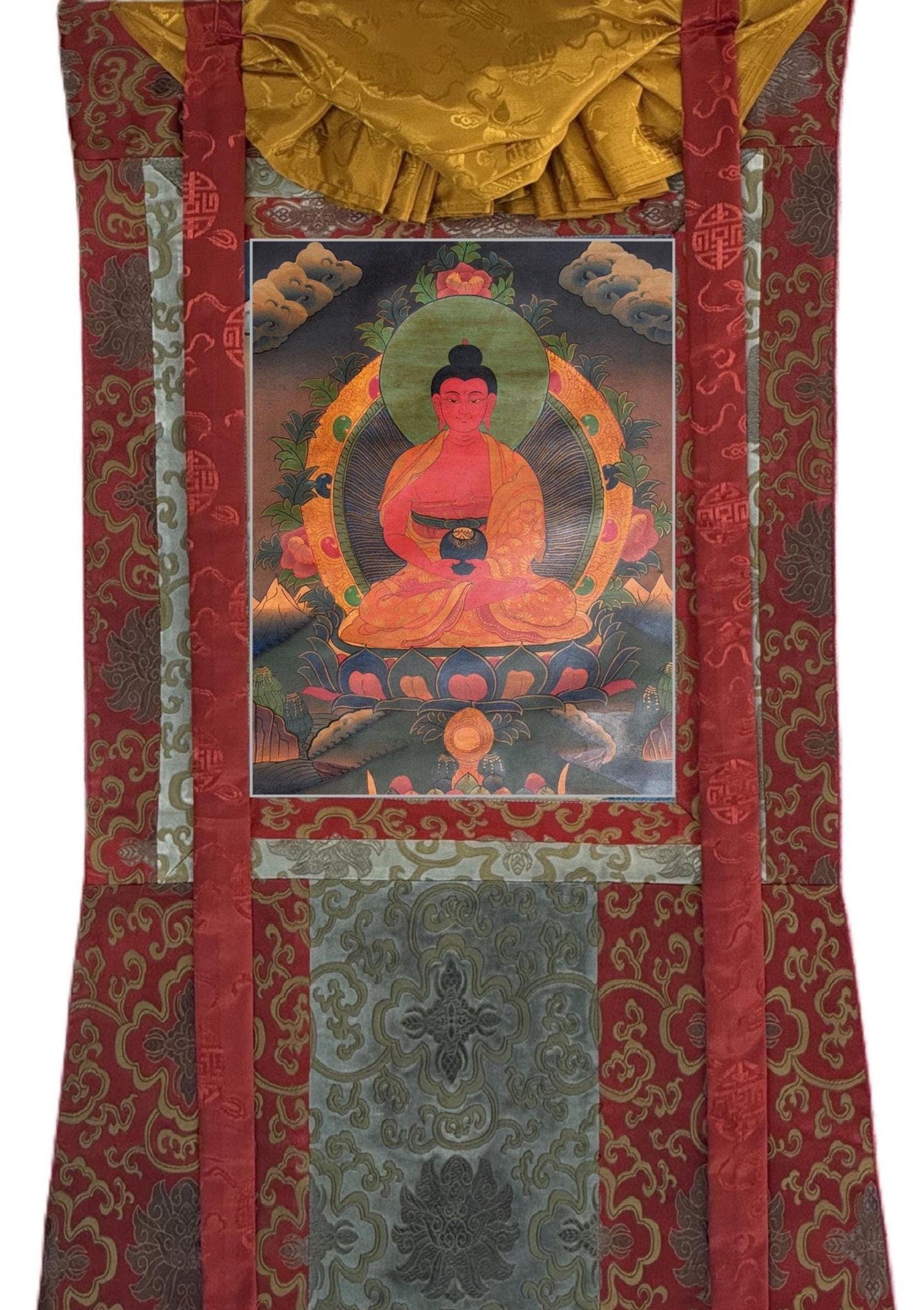 Amitabha Buddha Oil-Varnished Thangka | Hand-Painted Tibetan Pure Land Art with Silk Brocade