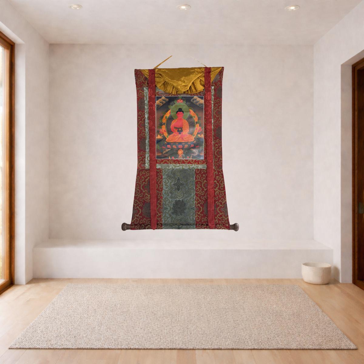 Amitabha Buddha Oil-Varnished Thangka | Hand-Painted Tibetan Pure Land Art with Silk Brocade
